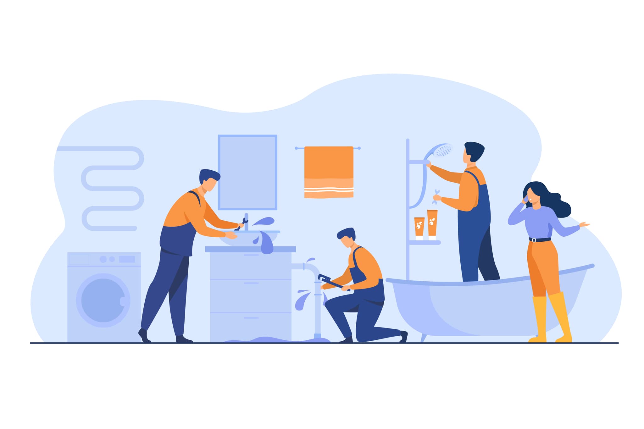 illustration drei handwerker arbeiten an einem bad während frau telefoniert