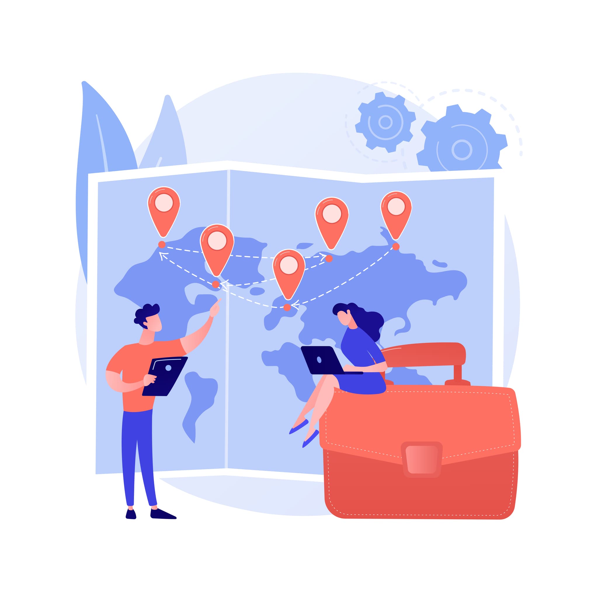 illustration mann zeigt frau mehrere locations auf einer landkarte aus seinem reisebüro