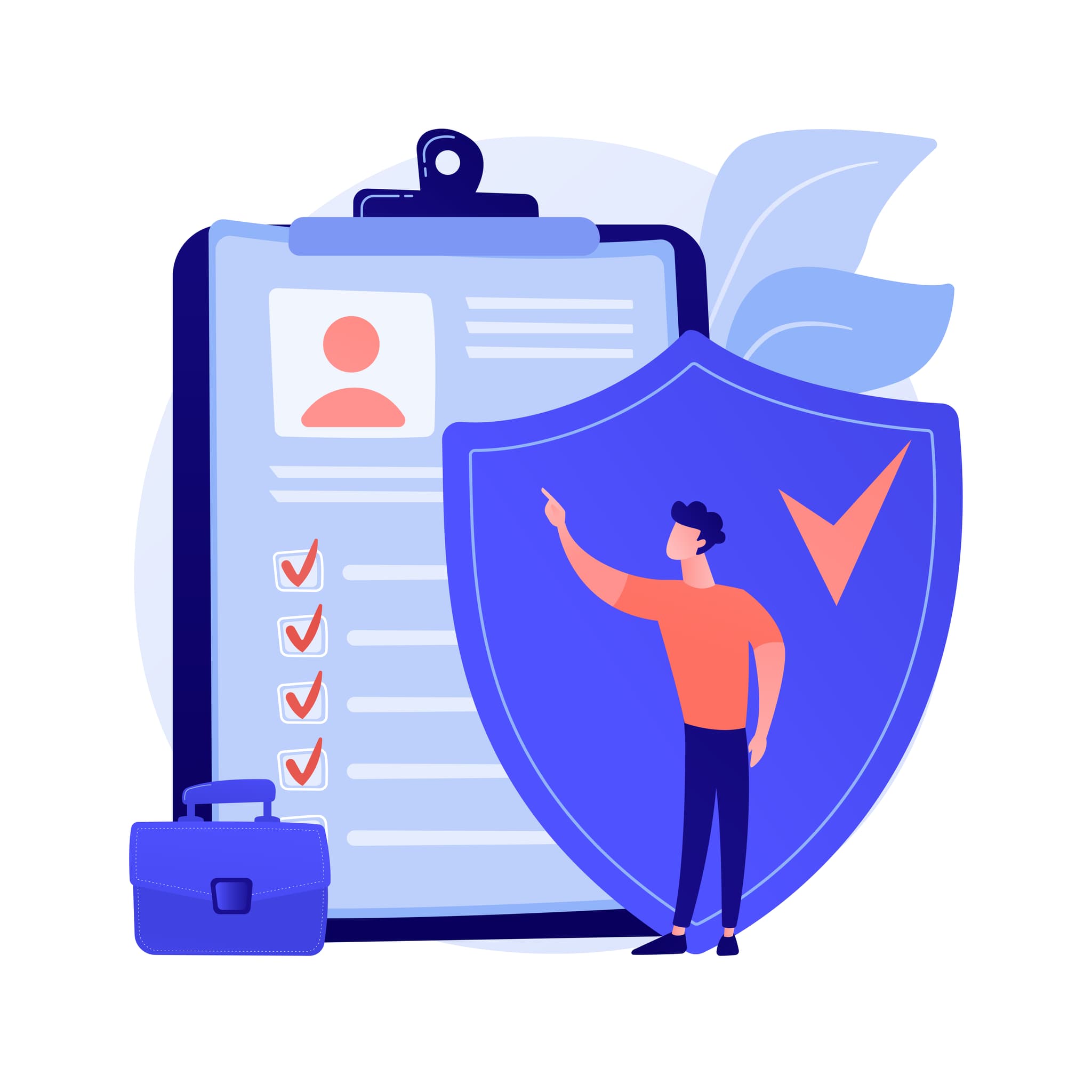 illustration versicherungsmakler zeigt auf klemmbrett mit versicherungen