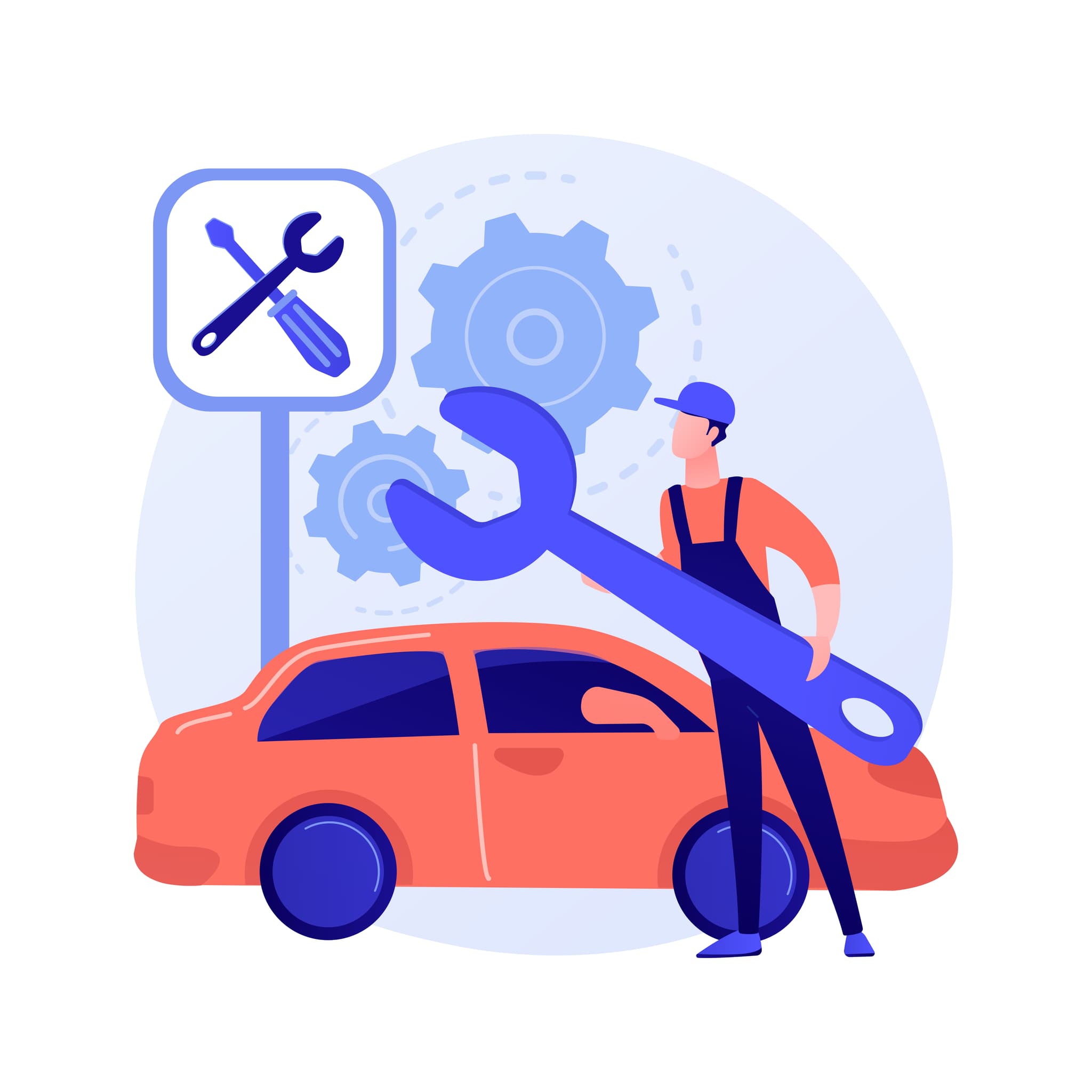 illustration kfz mechaniker arbeitet mit schraubenschlüssel an auto