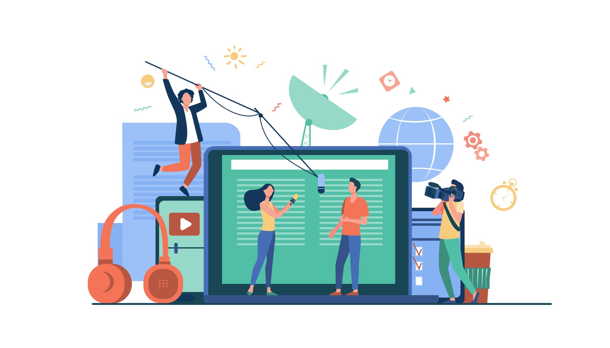 illustration journalistenteam interviewt einen mann vor einem laptop