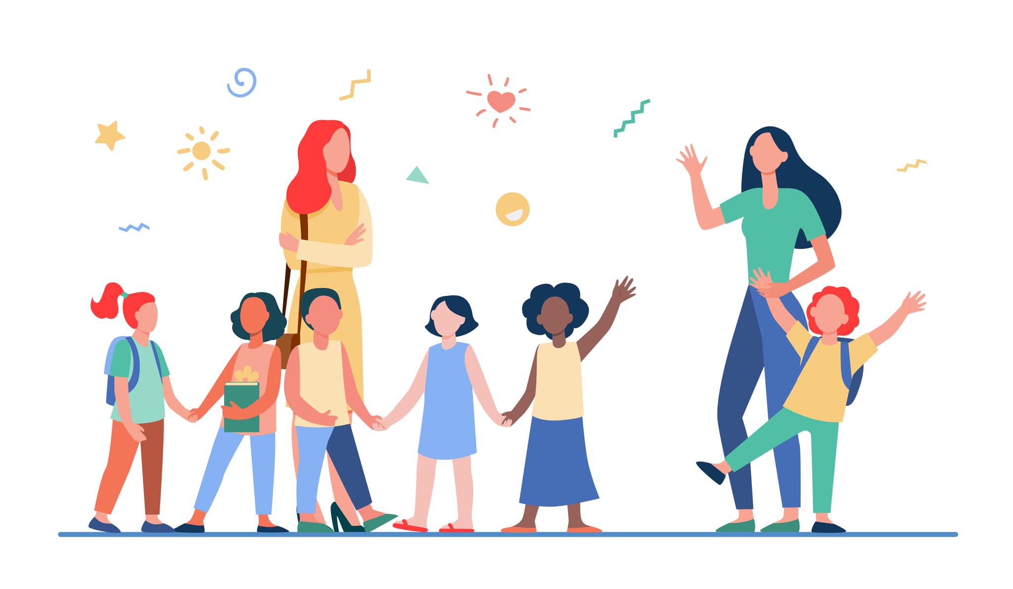 illustration zwei lehrerinnen mit sechs kindern in der schule