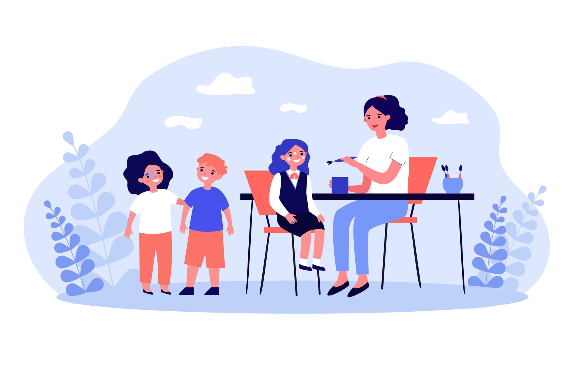 Illustration von Frau die gesichter von kindern anmalt