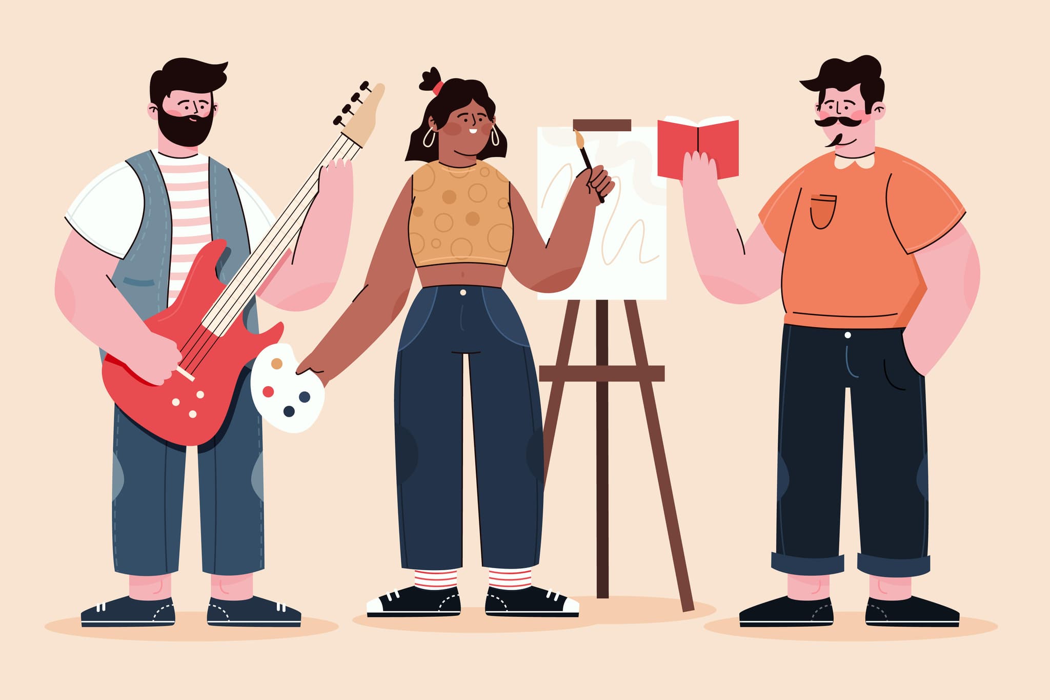 3 Künstler die musizieren, malen und lesen